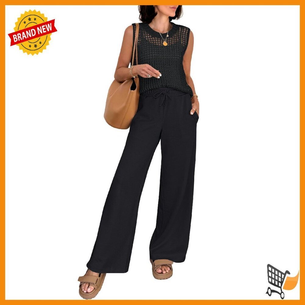 Crochet Sweater Vest Wide Leg Pants Matching Set Lounge Wear